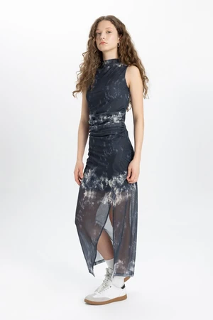 DEFACTO Bodycon High Neck Slit Tie Dye Tulle Sleeveless Maxi Dress