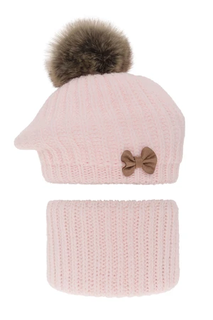 AGBO Girl's winter set: hat and tube scarf pink Polinezja with pompom