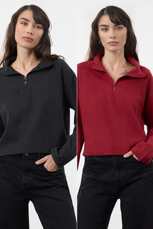 Trendyol Claret Red-Anthracite 2-Pack Thessaloniki Regular Pattern Zippered Collar Knitted Sweatshirt