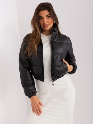 Black short winter jacket made of eco-leather