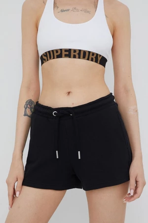 Kraťasy Superdry dámské, černá barva, hladké, medium waist