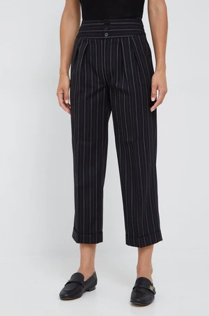 Vlněné kalhoty Lauren Ralph Lauren dámské, černá barva, jednoduché, high waist