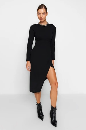 Trendyol Black Crew Neck Slit Detailed Fitted Midi Knitted Dress