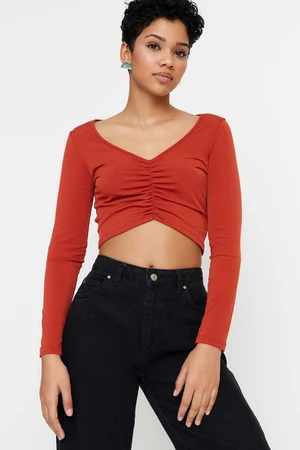 Trendyol Cinnamon Shirred Detail Fitted/Simple Crop, Stretchy Knitted Blouse