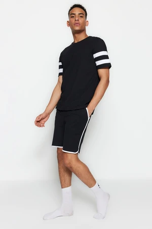 Trendyol Black Regular Fit Crew Neck Sleeve Striped Pajamas Set with Shorts