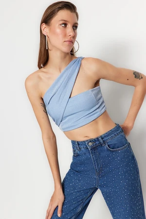 Trendyol modrý pletený třpytivý crop top bustier