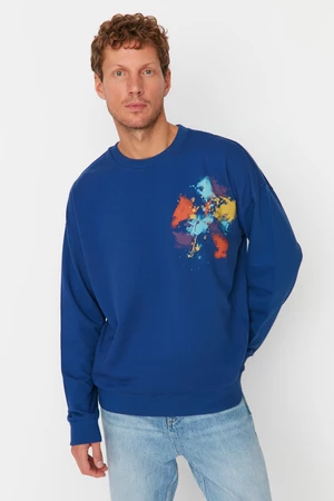 Trendyol Navy Blue Men's Oversize/Wide Cut Crew Neck Printed Sweatshirt
