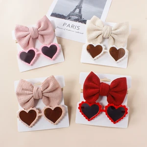 2Pcs/Lot Heart Sunglasses with Baby Girls Nylon Bow Headband Kids Gifts Toddler Hair Accessory