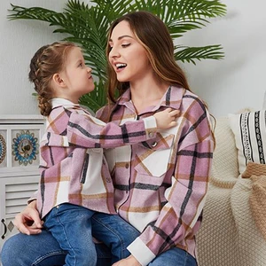 2023 New Mom Daughter Matching Outfit Fleece Plaid Shirt Coat Warm Soft Mommy and Me Clothes Pocket Outerwear Family Look Jacket