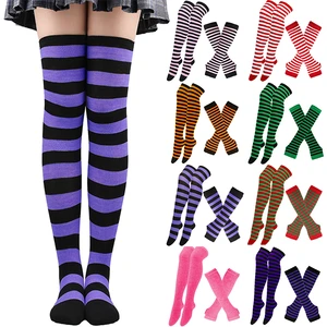 1 Set Women Girls Over Knee Long Stripe Printed Thigh High Cotton Socks Arm Sleeve Gloves Sweet Cute Plus Size Overknee Socks