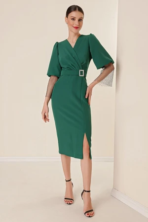 By Saygı Double-breasted Collar Waist with Buckles, Fishnet Beads Detailed, Balloon Sleeves Wide Body Range Dress Emerald