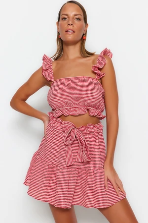 Trendyol Gingham Patterned Woven Ruffle Blouse and Skirt Set