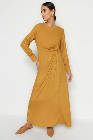 Trendyol Camel Waist 100% Viscose Woven Dress with Shirred Fabric Covered Button Detailed