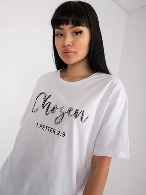 White women's T-shirt with inscription and application