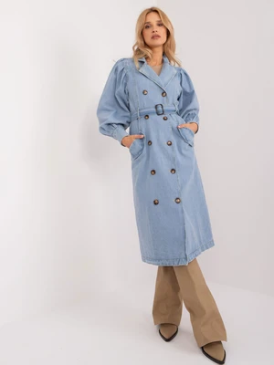 Light blue denim trench coat with buttons