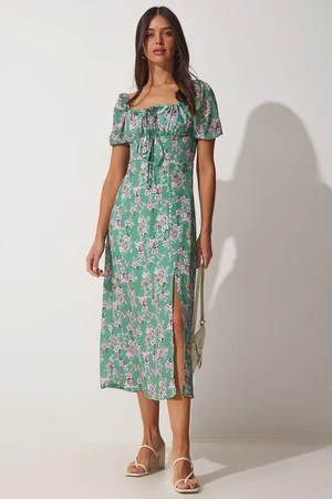 Happiness İstanbul Women's Green Gathered Collar Floral Satin Surface Summer Dress