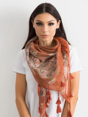 Light brown scarf with tassels and print