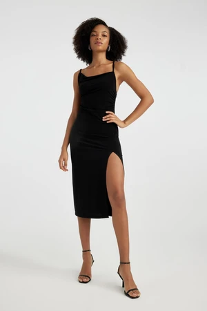 DEFACTO Scoop Neck Slit Strap Black Midi Dress