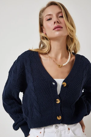 Happiness İstanbul Women's Navy Blue Motif Buttoned Crop Knitwear Cardigan