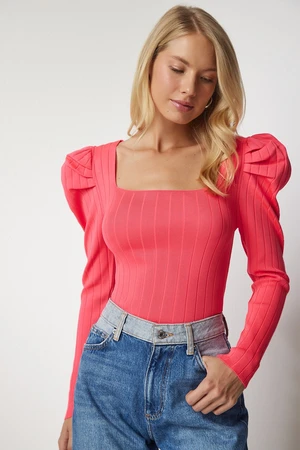 Happiness İstanbul Women's Pink Square Neck Ribbed Knitwear Blouse