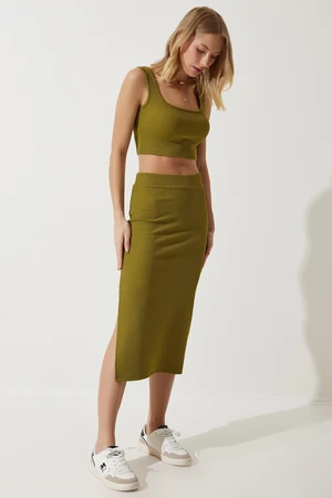 Happiness İstanbul Women's Oil Green Strappy Crop Pencil Skirt Knitted Set