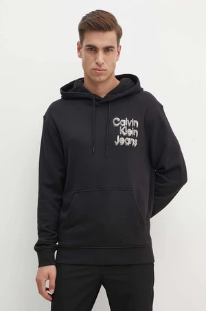 Bavlněná mikina Calvin Klein Jeans pánská, černá barva, s kapucí, s potiskem, J30J325927