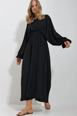 Trend Alaçatı Stili Women's Black Crew Neck Balloon Sleeve Aerobin Fabric Maxi Length Dress