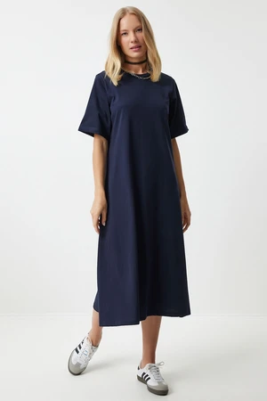 Happiness İstanbul Women's Navy Blue Crew Neck Loose Comfortable Combed Cotton Dress