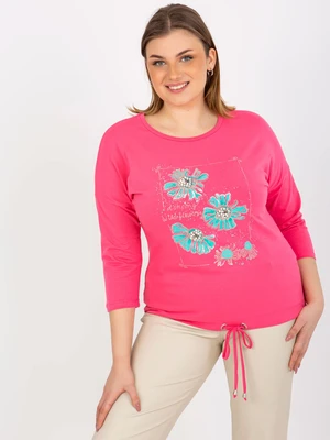 Women's plus size blouse with 3/4 sleeves and print - pink