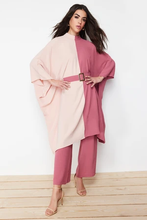 Trendyol Pale Pink Color Block Waist Belted Tunic-Pants Woven Suit