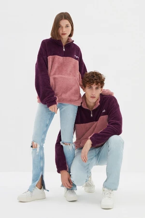 Trendyol Fialová Unisex Oversize / Wide-Fit High Neck Barevné bloky Teplá plyšová mikina s minimální výšivkou