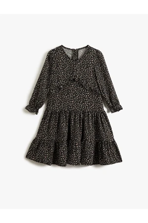 Koton Leopard Print Frilly Dress Long Sleeve Elastic Cuffs V-Neck