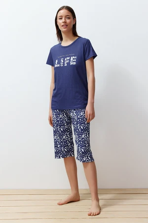 Trendyol Blue Motto Printed Ribbed Capri Knitted Pajamas Set