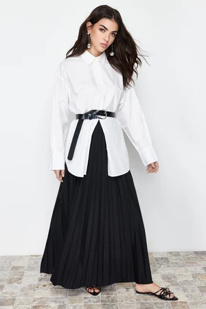 Trendyol Black Pleated Knitted Long Skirt