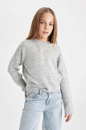 DEFACTO Girl's Gray Crew Neck Basic Plain Knitwear Sweater