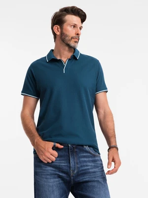 Ombre Men's pique knit polo shirt without buttons - navy blue