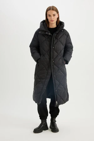 DEFACTO Water Repellent Hooded Long Coat Parka Quilted Zipper Snap Closure Pocket