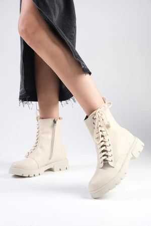 Mio Gusto Janet Beige Laced and Zippered Thick Soled Women's Combat Boots