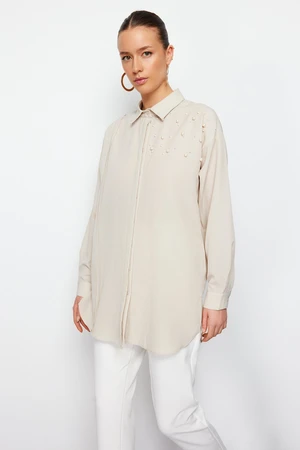 Trendyol Stone Pearl Detailed Cotton Woven Shirt