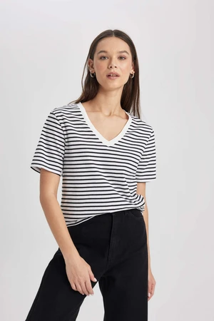 DEFACTO Regular Fit V-Neck Striped Short Sleeve T-Shirt