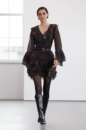 Trendyol Limited Edition Brown Leopard Mini Chiffon Woven Dress with Flounce Skirt