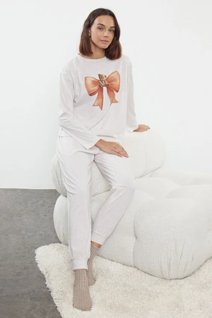 Trendyol Beige Teddy Bear and Ribbon/Bow Printed Knitted Pajama Set