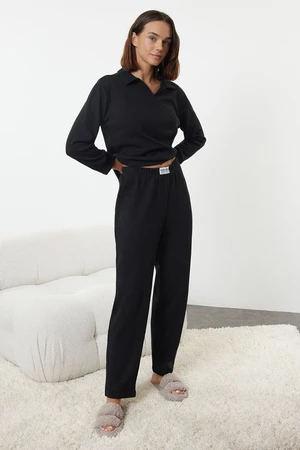 Trendyol Black Slogan Label Detailed Waffle Fabric Knitted Pajama Set