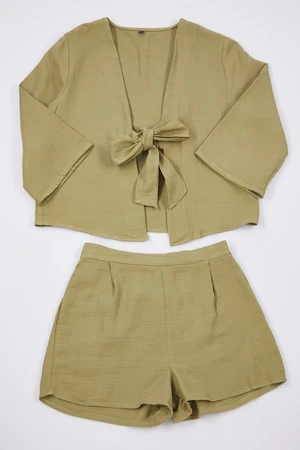 Trendyol Khaki 100% Cotton Tie/Ribbon/Bow Detailed Muslin Woven Pajama Set