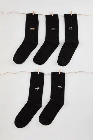 Trendyol Black Unisex 5-Pack Animal Embroidered Cotton Sock-Long Socks