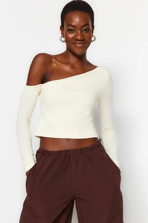 Trendyol Stone One Shoulder Cotton Stretchy Fitted Crop Knitted Blouse