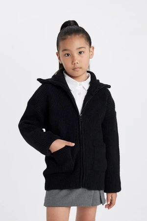 DEFACTO Girls Knitwear Basic Stand Collar Zippered Pocket Black School Cardigan