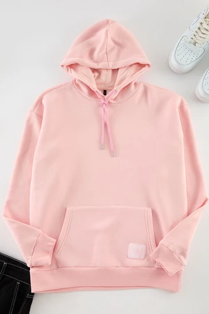 Trendyol Basic Powder Oversize/Wide Cut Hooded Labeled Fleece Inside Cotton Sweatshirt