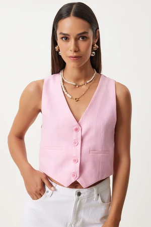 Happiness İstanbul Women's Pink Linen Short Vest