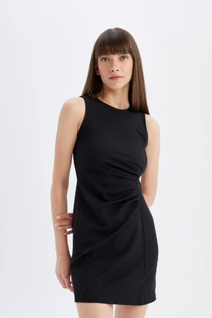 DEFACTO Bodycon Fitted Crew Neck Draped Basic Plain Sleeveless Mini Black Dress